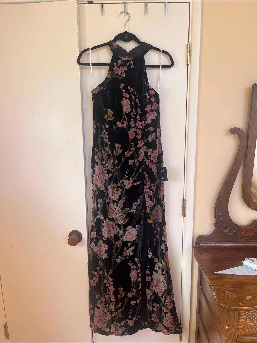 Lulus Floral Velvet Halter Maxi Dress - Black with Pink Blossoms